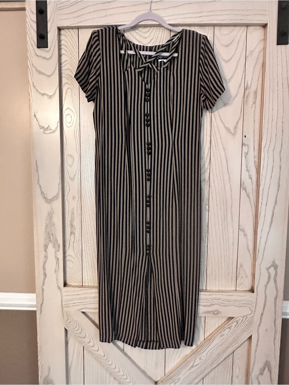 Striped Button-Front Midi Dress in Black and Tan